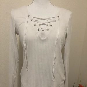 H&M Divided White Ribbed Lace Up Long Sleeve